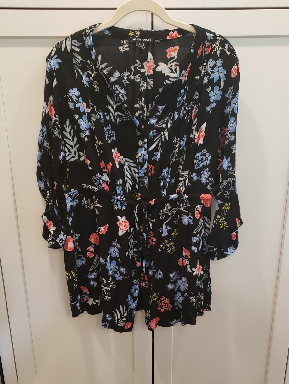 Hilary Radley Black Floral V-Neck Drawstring Tunic